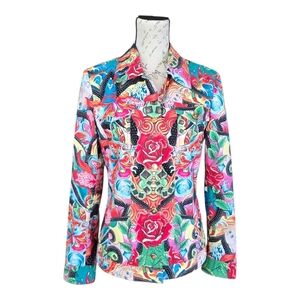 Escada Pink White Multicolor Floral Ocean Wave Vintage Button Up Blazer S